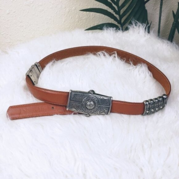 Vintage Accessories - Vintage Brown Leather Belt with Ornate Silver Buckle
